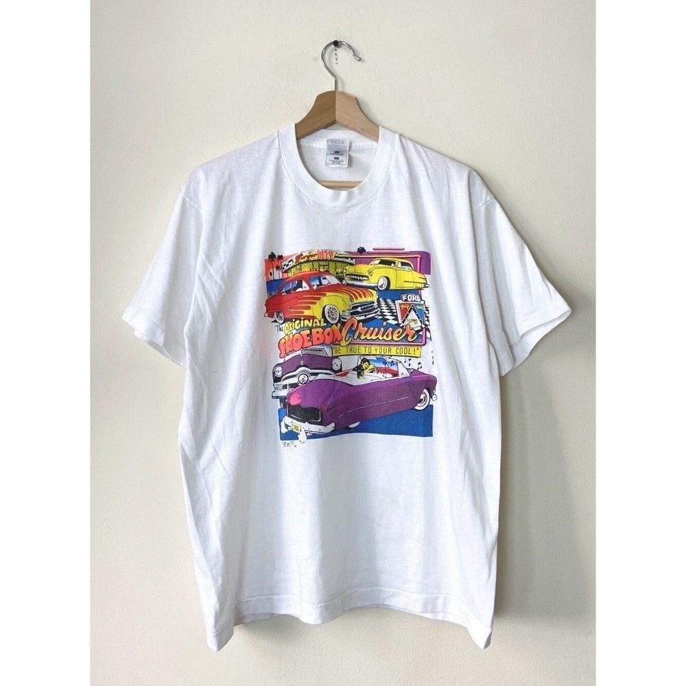 Vintage‎ 90's Shoebox Cruisers Car Nascar Art Colorful White Tee Shirt - Large